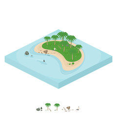Isometric island. Man on the island after shipwreck. Broken boat, shark. Vector Illustration.