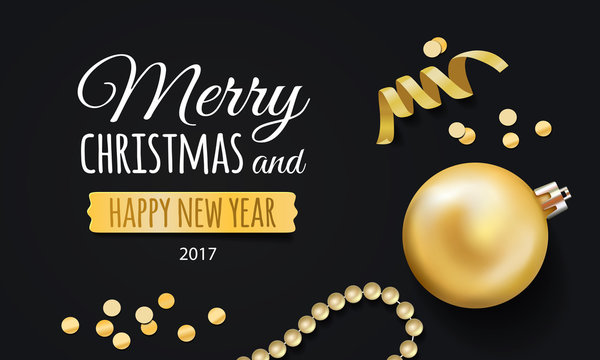 Vector illustration of the Happy New Year 2017, Merry Christmas with place for text, golden confetti and christmas balls.