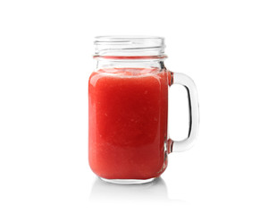 Jug with watermelon smoothie isolated on white