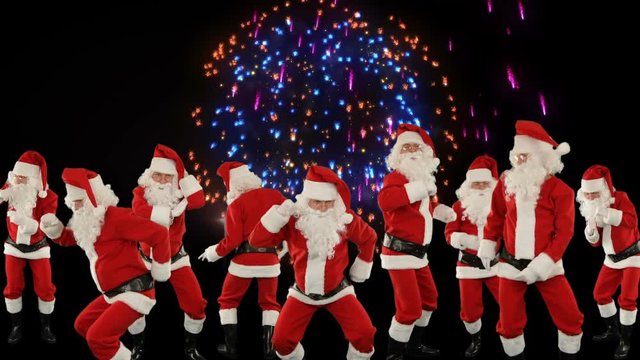 Bunch of Santa Claus Dancing with holiday fireworks