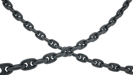 Two intersecting old anchor chains, painted a thick layer of black oil paint on a white background. 3D illustration