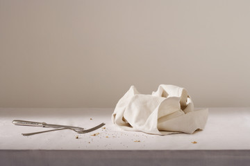 Dish cloth cutlery and crumbs on table