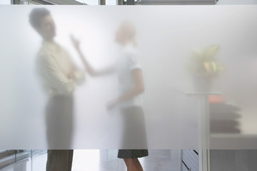 Side view of a female office worker arguing with male colleague behind translucent wall in office