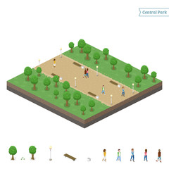 Isometric central park + object isolated on white background. People walking on road. Summer time. Vector illustration. 