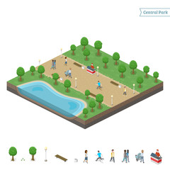 Isometric central park and lake + object isolated on white background. People walking on road. Summer time. Vector illustration