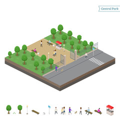 Isometric central park + object isolated on white background. Entrance to the city park. People walking on road. Summer time. Vector illustration. 