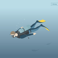 Isometric diver under water. Extreme sport. Scuba diver floating with fish. Vector illustration.