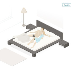 Young family. Couple in bed sleeping together. Isometric view. Vector illustration.