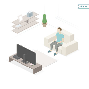 Gamer sitting at home and playing video games. Isometric view. Vector illustration.