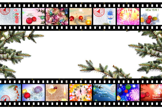 Festive images designed in film strip. Isolated on white background.Merry Christmas. Happy New Year. Celebration. Winter Holidays. Christmas tree decorations. Fireworks,fairy stars and sparkles. 
