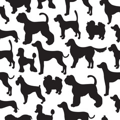 Awesome seamless pattern with dog silhouettes. Different breeds.