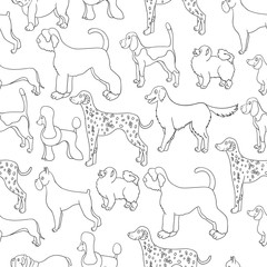 Awesome seamless pattern with cartoon dogs. Different breeds.