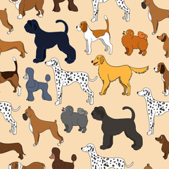 Unusual seamless pattern with cute cartoon dogs. Different breed