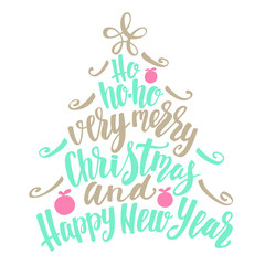 Christmas and Happy New Year tree word cloud, holidays hand lettering collage.