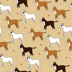 Interesting seamless pattern with cute cartoon dogs. Breed bullt