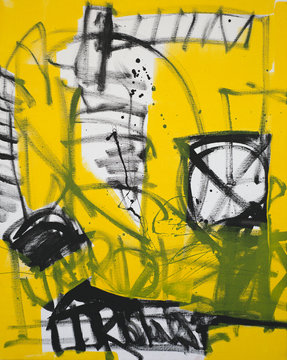 Abstract art background. Oil painting on canvas. Black, white and yellow texture. Fragment of artwork. Spots of oil paint. Brushstrokes of paint. Hand-painted. Modern art. Contemporary art