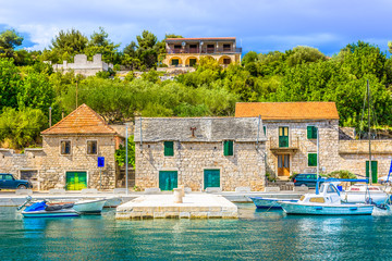 Mediterranean village Europe summertime. / View at mediterranean scenery on small island in marble Croatia land, summertime in Europe. - 129908008