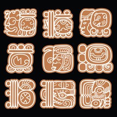 
Mayan glyphs, writing system and languge vector design in brown