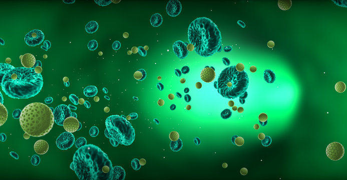 bacteria, virus, cell flowing on green background