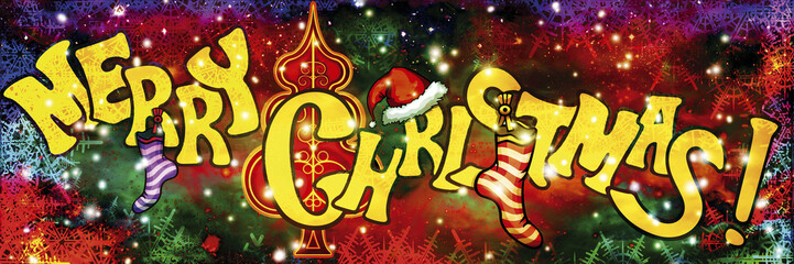 Merry Christmas title with socks, decorative tree and snowflakes on the festive background. 
Handmade text by my own design 