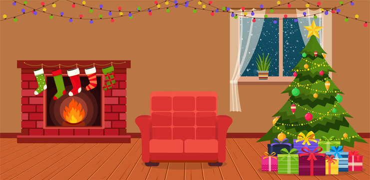 Christmas room interior with fireplace.