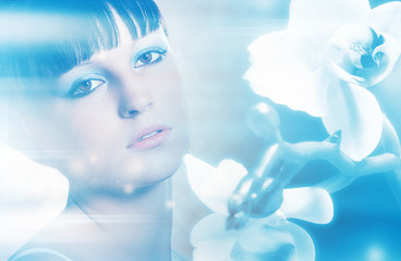  Girl with White Orchid flowers on a blue abstract background