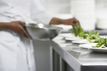 Closeup midsection of a chef preparing salad in the kitchen