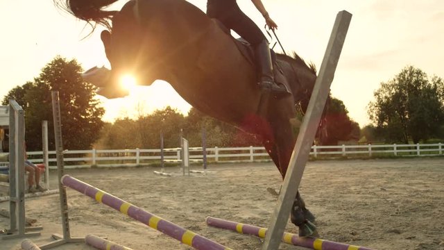 SLOW MOTION: Rider and a horse failing jumping over a fence, knocking poles down
