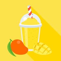 Mango smoothie vector illustration, with slice mango, flat design with long shadow