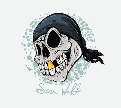 Skull pirate closeup with gold tooth closeup and the words sea w
