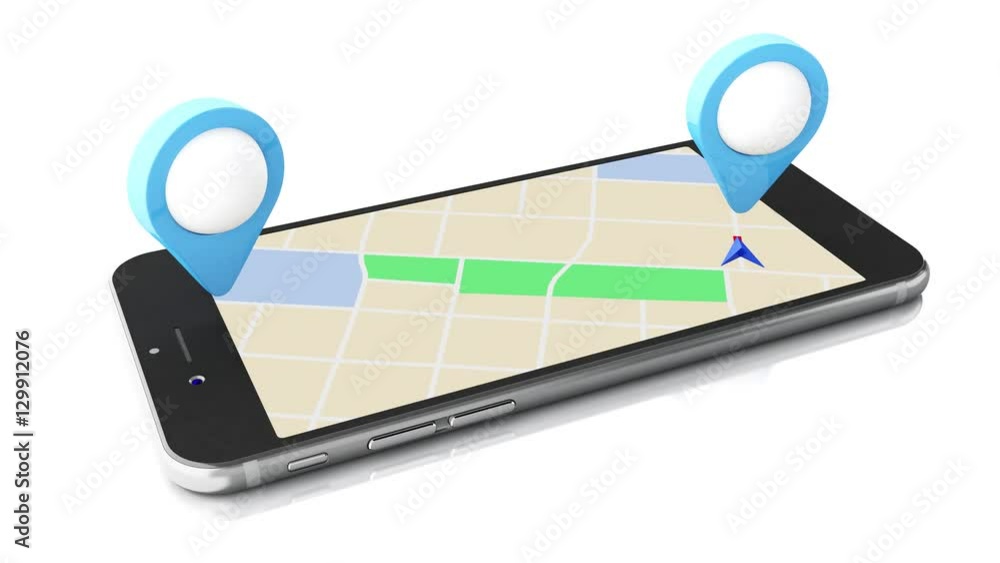 Poster 3d animation. smartphone with a map pointer and planned route on screen. gps navigation concept. 4k 