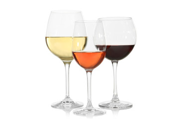Three glasses with tasty wine on white background