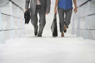 Fototapeta na wymiar Lowsection of two businesspeople walking up stairs with bags in office