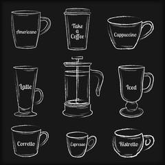 Set of white hand drawn coffee cups and french press on black ch