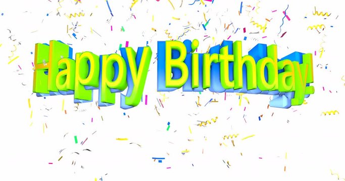 A bouncing looping animated Happy Birthday! text with falling confetti.