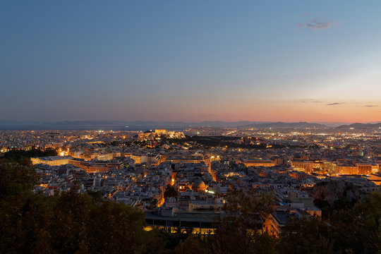 Athens Greece, panoramic view in the dusk