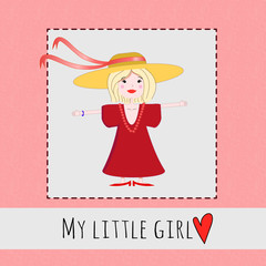 Vector illustration of a little girl trying on her mother's clothes, shoes and makeup, a greeting card, pink background