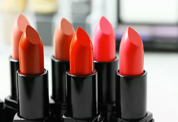 Lipsticks in different shades, closeup