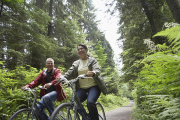 Low angle view of mature man and middle aged woman with bikes on forest road