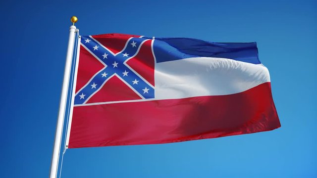Mississippi (U.S. state) flag waving in slow motion against blue sky, seamlessly looped, close up, isolated on alpha channel with black and white matte, perfect for film, news, composition