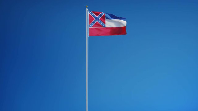 Mississippi (U.S. state) flag waving in slow motion against blue sky, seamlessly looped, long shot isolated on alpha channel with black and white matte, perfect for film, news, composition