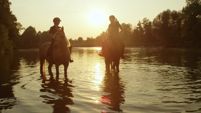CLOSE UP: Two horses standing in shallow river with riders at golden sunrise