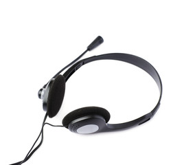 Black computer headset with a microphone isolated over white background