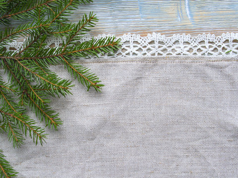 Christmas fabric with fir branch background.