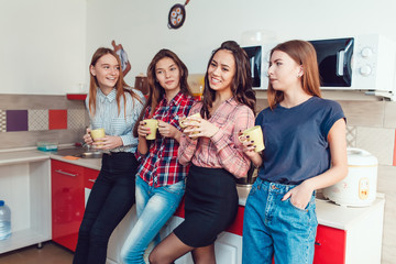 Beautiful girls standing in kitchen at the hostel talking and drinking tea.