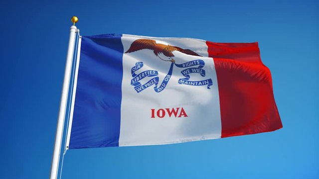 Iowa (U.S. state) flag waving in slow motion against blue sky, seamlessly looped, close up, isolated on alpha channel with black and white matte, perfect for film, news, composition