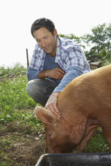 Smiling young man patting pig in sty against the sky