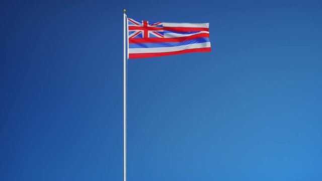 Hawaii (U.S. state) flag waving in slow motion against blue sky, seamlessly looped, long shot isolated on alpha channel with black and white matte, perfect for film, news, composition