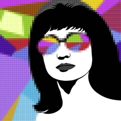 Abstract illustration of a woman's face in sunglasses with a mosaic effect
