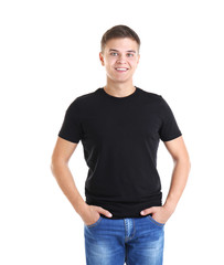 Fototapeta premium Handsome young man in blank black t-shirt on white background